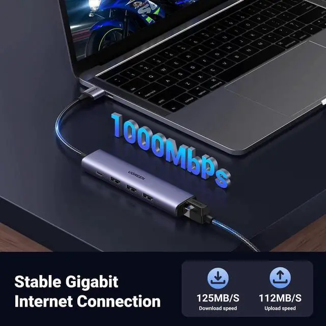 Alt view image 3 of 6 - WRIARICH 5 in 1 USB 3.0 Hub with Gigabit Ethernet Adapter, Multiport USB LAN Dongle with 3×USB 3.0 + RJ45 + USB-C Power Port, Plug and Play Compatible with MacBook, Dell XPS, Windows 11 Laptops