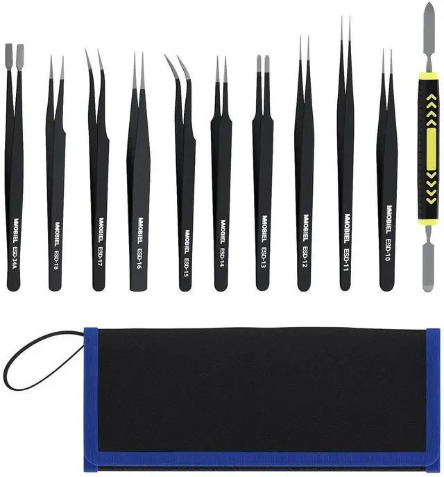Main image of WRIARICH 10 Pack ESD Anti-Static Stainless Steel Precision Tweezers Set with Spatula & Storage Case, Industrial Fine Tip Tweezers for Electronics Repair, Jewelry, Lab, Craft & Hobby Use