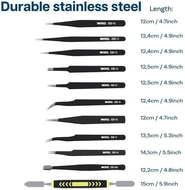 Alt view image 2 of 6 - WRIARICH 10 Pack ESD Anti-Static Stainless Steel Precision Tweezers Set with Spatula & Storage Case, Industrial Fine Tip Tweezers for Electronics Repair, Jewelry, Lab, Craft & Hobby Use