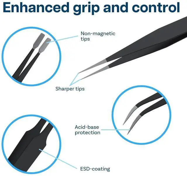 Alt view image 3 of 6 - WRIARICH 10 Pack ESD Anti-Static Stainless Steel Precision Tweezers Set with Spatula & Storage Case, Industrial Fine Tip Tweezers for Electronics Repair, Jewelry, Lab, Craft & Hobby Use