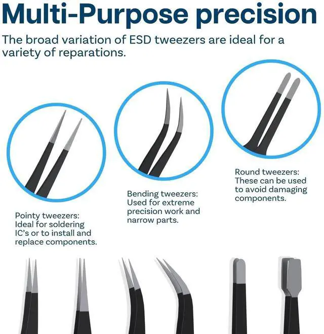 Alt view image 4 of 6 - WRIARICH 10 Pack ESD Anti-Static Stainless Steel Precision Tweezers Set with Spatula & Storage Case, Industrial Fine Tip Tweezers for Electronics Repair, Jewelry, Lab, Craft & Hobby Use