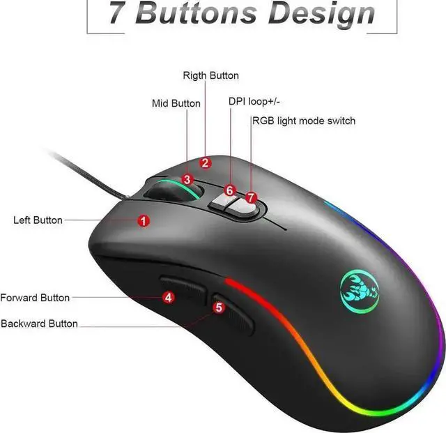 Alt view image 3 of 7 - WRIARICH Wired RGB Gaming Mouse, 6400 Adjustable DPI Ergonomic USB Gaming Mice with Breathing Light, 7 Programmable Buttons Compatible with Windows XP/7/8/10/Vista & Linux