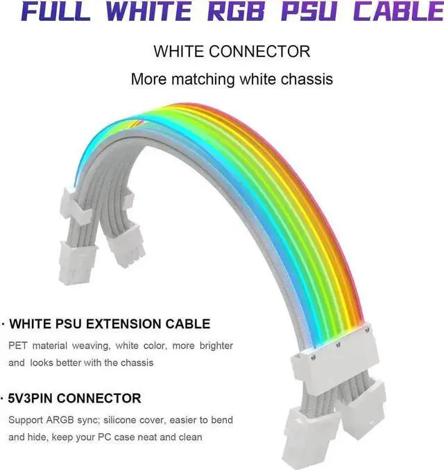 Alt view image 3 of 4 - WRIARICH Full White ARGB Strimer GPU Power Extension Cable Kit, Dual 8(6+2)Pin PCIe PSU Extension Cord, 5V 3Pin Addressable RGB Synchronization, White A-Style Connector for Custom White PC Chassis