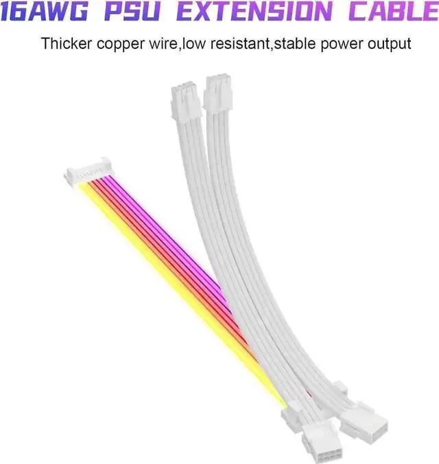 Alt view image 4 of 4 - WRIARICH Full White ARGB Strimer GPU Power Extension Cable Kit, Dual 8(6+2)Pin PCIe PSU Extension Cord, 5V 3Pin Addressable RGB Synchronization, White A-Style Connector for Custom White PC Chassis