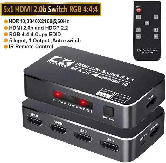 Alt view image 5 of 7 - WRIARICH 5 in 1 Out HDMI Switch 4K@60Hz with IR Remote Control, 5 Port HDMI Switcher Selector Supports HDR, HDCP 2.2 & Full 3D, Works with PS5, PS4, Xbox, Nintendo Switch, Fire Stick, Roku, Apple TV
