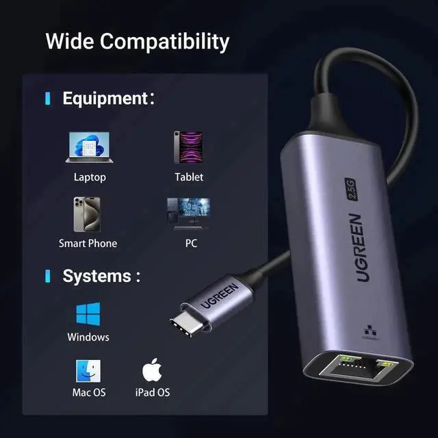Alt view image 6 of 7 - WRIARICH UGREEN 2.5G USB C to RJ45 Ethernet Adapter Aluminum Shell Compatible Thunderbolt 4/3