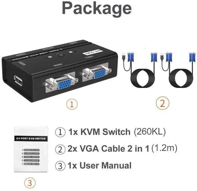 Alt view image 2 of 7 - WRIARICH MT-VIKI 2 Port VGA USB KVM Switch, 2 Computers Share 1 Monitor, Keyboard, Mouse & Printer, 2 Matching KVM Cables Included