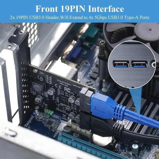 Alt view image 5 of 5 - WRIARICH PCIe 1X to 2 Port 19Pin USB 3.2 Gen1 Expansion Card, 5Gbps Super Speed PCI Express Internal USB Adapter Card, Compatible with Windows 11/10/8.1/8/7/XP
