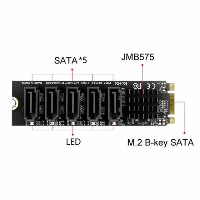 Alt view image 5 of 7 - WRIARICH NGFF B+M Key M.2 2280 to 5-Port SATA 3.0 6Gbps Port Multiplier Adapter, JMB575 PM Chip SATA Expansion Converter for Desktop PC & NAS Storage Upgrade