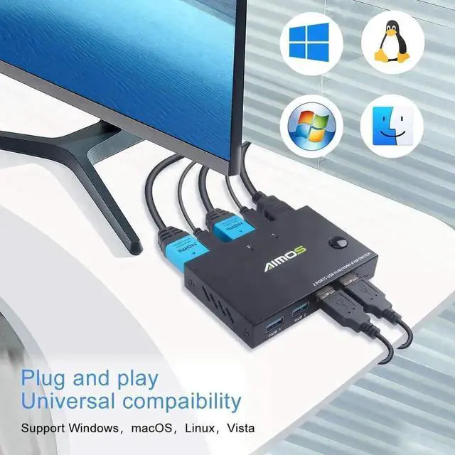 Alt view image 3 of 7 - WRIARICH AIMOS 2 Port HDMI KVM Switch Box with 4 USB Hub, 4K@30Hz UHD, 2 Computers Share 1 HD Monitor, Keyboard & Mouse