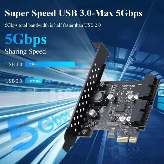 Alt view image 3 of 6 - WRIARICH PCIe 1X to 2-Port 19Pin USB3.2 Gen1 Expansion Card, 5Gbps Internal Header PCI Express Card Compatible with Win XP/7/8/8.1/10/11