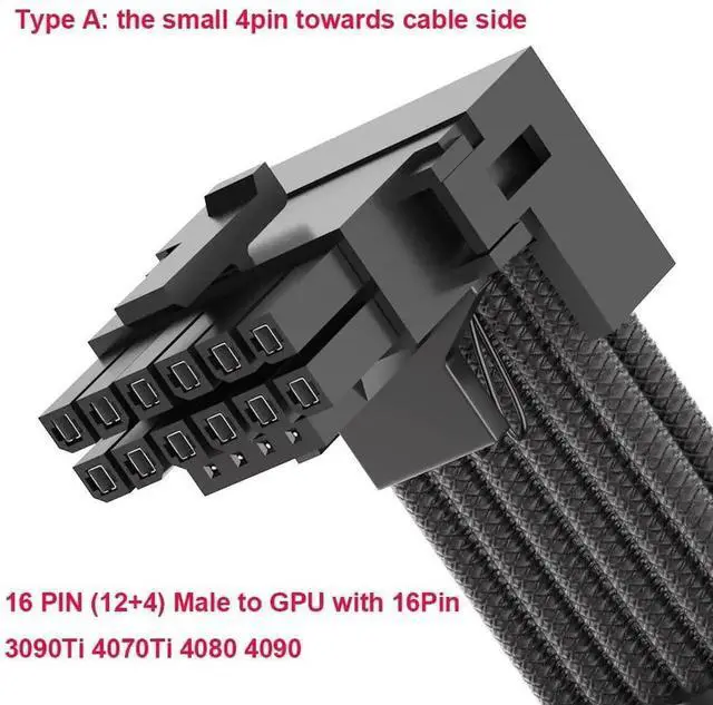 Alt view image 3 of 6 - Type A 90 Degree Right Angle 12VHPWR Power Adapter Cable, PCIe 5.0 16AWG 600W 12+4Pin 16Pin GPU Cord, 4×8Pin Input Exclusive for Corsair Modular PSU, Compatible with RTX 4090 4080 4070Ti 3090Ti