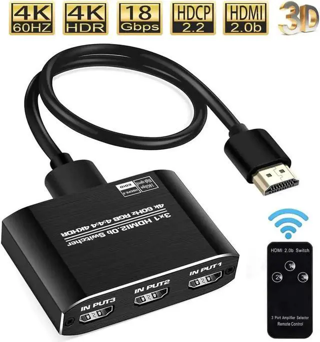 Alt view image 3 of 6 - WRIARICH 3 in 1 Out 4K@60Hz HDMI Switch with IR Remote Control, 3 Port HDMI Selector Adapter Model OZQ3-1, Compatible with Xbox, PS4, PS5 Pro, PC, Projector & Laptop