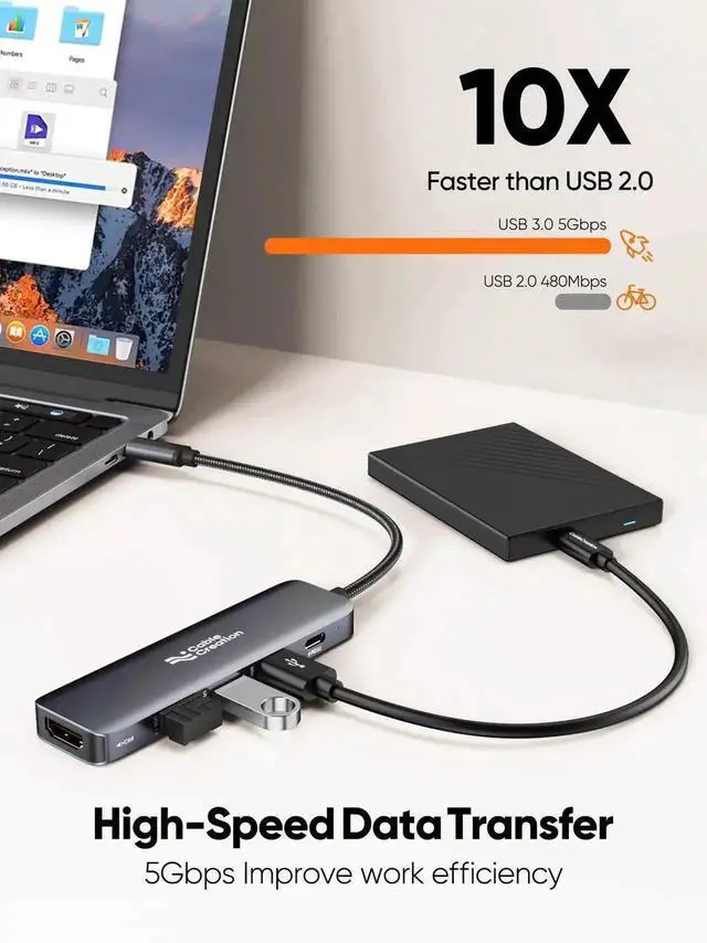 Alt view image 5 of 6 - CableCreation 5-in-1 USB C Multiport Adapter, 4K HDMI Output, 100W PD Charging, 3×USB 3.0 High Speed Ports, Portable USB C Dock Compatible with MacBook Pro/Air M1/M2, iPad Pro, Surface Pro, Dell XPS