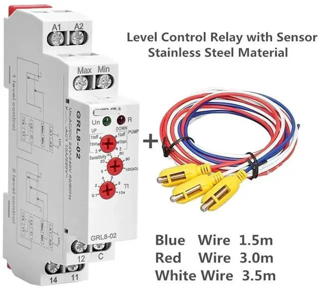 Alt view image 3 of 6 - WRIARICH 1PC GRL8-02 Water Level Control Relay with Stainless Probe, AC/DC 24V-240V Liquid Level Controller