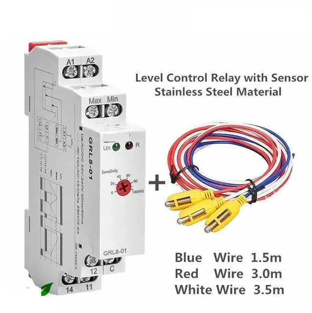 Alt view image 6 of 6 - WRIARICH 1PC GRL8-02 Water Level Control Relay with Stainless Probe, AC/DC 24V-240V Liquid Level Controller