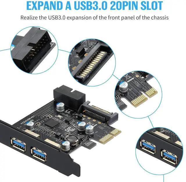 Alt view image 4 of 7 - WRIARICH PCI-E USB 3.2 Gen1 Expansion Card, 2×USB-A 5Gbps + 20Pin Front Header, SATA Power Supply