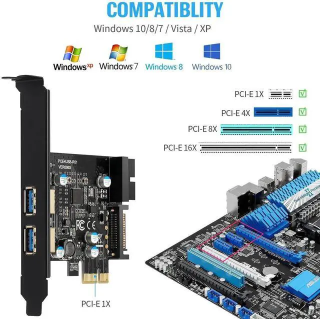 Alt view image 3 of 7 - WRIARICH PCI-E USB 3.2 Gen1 Expansion Card, 2×USB-A 5Gbps + 20Pin Front Header, SATA Power Supply