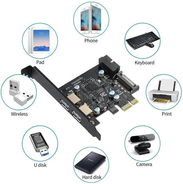 Alt view image 7 of 7 - WRIARICH PCI-E USB 3.2 Gen1 Expansion Card, 2×USB-A 5Gbps + 20Pin Front Header, SATA Power Supply