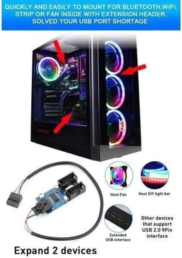 Alt view image 3 of 4 - WRIARICH Motherboard USB 2.0 9Pin Header 1 to 4 Splitter Extension Cable, Internal 9-Pin Female to 4 Female Hub Adapter Port Multiplier, 30CM Length for PC Front Panel Expansion