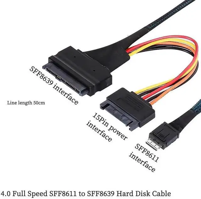 Alt view image 6 of 6 - WRIARICH CAB861139 50cm Oculink SFF-8611 4i 38Pin to SFF-8639 U.2/U.3 NVMe SSD Cable, PCIe 4.0 Mini SAS Adapter Cable with 15-Pin SATA Power for Server Mainboard NVMe Storage Drives