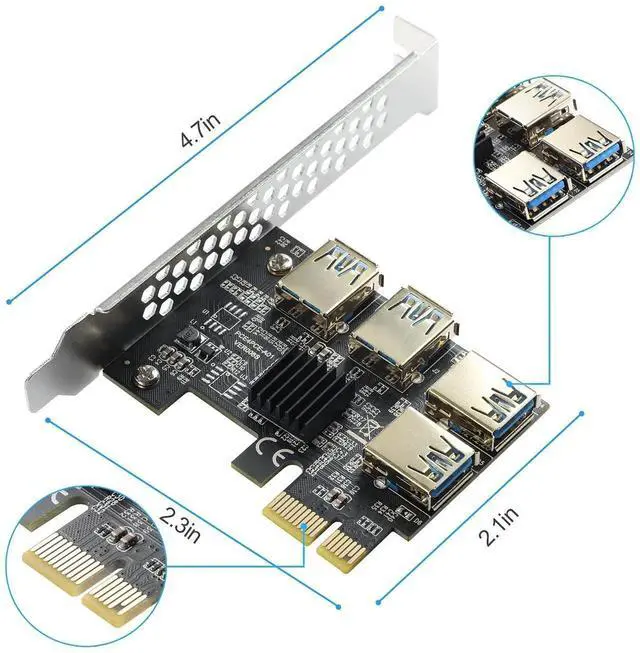 Alt view image 6 of 7 - WRIARICH PCIe 1 to 4 Riser Card, PCI-E 1X to 4 Ports USB 3.0 Adapter Multiplier for Bitcoin Mining GPU