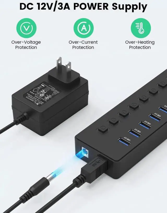Alt view image 4 of 7 - 11-Port Powered USB 3.0 Hub Splitter with 12V Power Adapter, 7 SuperSpeed Data Ports + 4 Smart Charging Ports, Independent On/Off Switches, USB Extension Dock Compatible with MacBook, Mac, Desktop PC