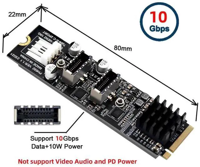 Alt view image 6 of 7 - WRIARICH M.2 M-Key to Dual Type-E USB 3.1 Front Panel Adapter Card, 10Gbps High Speed NGFF Expansion for Motherboard