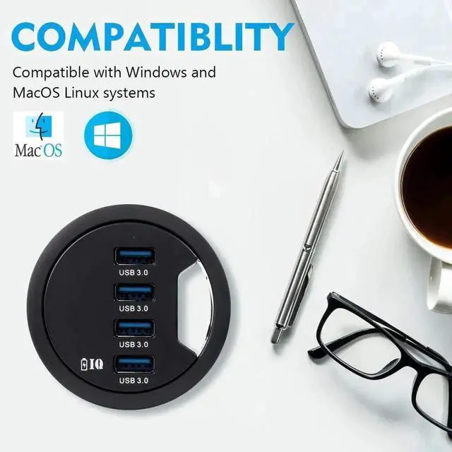Alt view image 7 of 7 - WRIARICH 60mm Desk Grommet USB 3.0 4-Port Hub with BC1.2 Fast Charging Function, Flush Mount Dock Station for iPhone, Android Smartphones, iPad & Tablets Data Sync and Charging