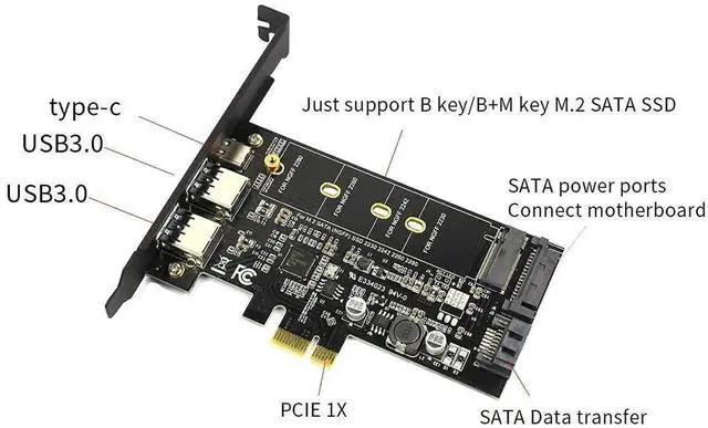 Alt view image 4 of 6 - WRIARICH M.2 B Key SATA SSD PCIe 3.0 Adapter Card with 2 USB3.0 + Type-C Port, Support 2230 2242 2260 2280 NGFF Drives