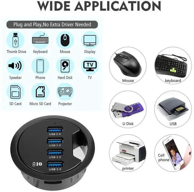 Alt view image 4 of 7 - WRIARICH 60mm Desk Grommet USB 3.0 4-Port Hub with BC1.2 Fast Charging Ports, Flush Mount Dock Station for iPhone, Smartphones, iPad & Tablets