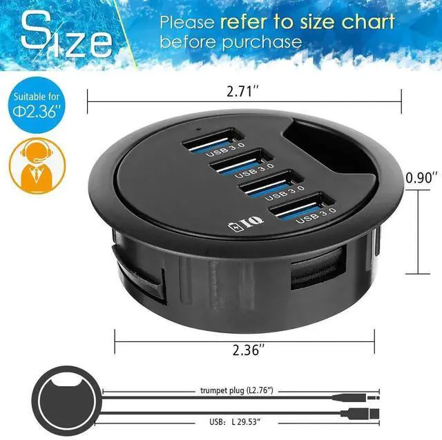 Alt view image 2 of 7 - WRIARICH 60mm Desk Grommet USB 3.0 4-Port Hub with BC1.2 Fast Charging Ports, Flush Mount Dock Station for iPhone, Smartphones, iPad & Tablets