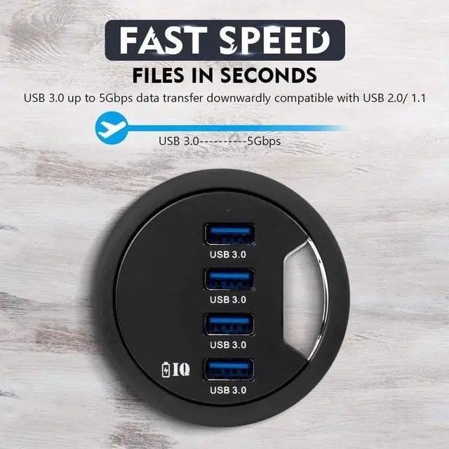 Alt view image 3 of 7 - WRIARICH 60mm Desk Grommet USB 3.0 4-Port Hub with BC1.2 Fast Charging Ports, Flush Mount Dock Station for iPhone, Smartphones, iPad & Tablets