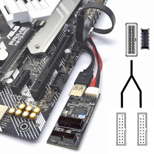Alt view image 2 of 7 - WRIARICH USB 3.1 Type-E 1 to 2 USB 3.0 19/20Pin Splitter PCBA Adapter Hub Port Multiplier with SATA Power Cable for Desktop Motherboard Front Panel
