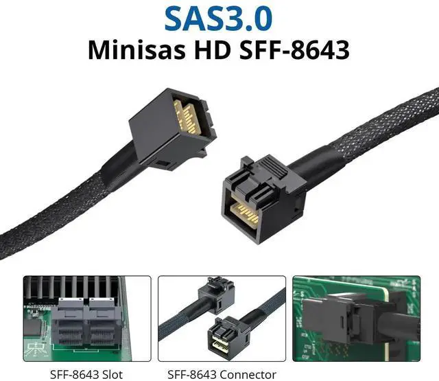 Alt view image 2 of 4 - WRIARICH 1m/3.3ft 2 Pack Internal 12G Mini SAS HD Cable SFF-8643 to SFF-8643 with Sideband, 100-Ohm Impedance for NVMe Backplane & RAID Card, Support Hot-Swap & SATA