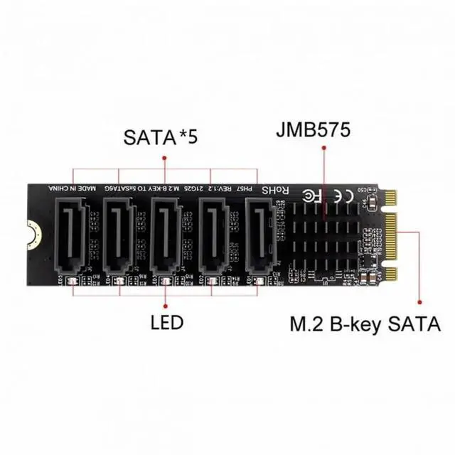 Alt view image 4 of 7 - WRIARICH M.2 NGFF Key B+M to SATA 3.0 6Gbps 5 Ports Adapter with JMB575 PM Port Multiplier, 2280 M.2 SATA Storage Expansion Converter for Desktop PC NAS