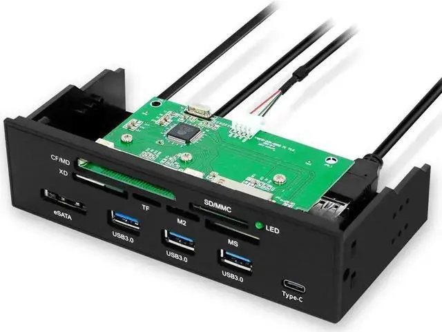 Main image of WRIARICH 5.25 Inch All-in-One Multifunction PC Front Panel Card Reader, Internal Bay Hub with 3 USB3.0, USB2.0, Type-C, eSATA Ports, Supports MD/SD/MMC/XD/TF/M2/MS/CF Cards Up to 64GB