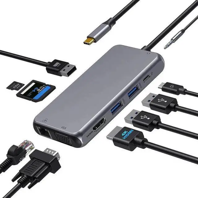 Main image of 10 in 1 USB C Multiport Hub Adapter, USB C Dongle with 4K HDMI, VGA, Gigabit Ethernet, 100W PD Charging, 3×USB3.0, SD/TF Card Reader, 3.5mm Audio Mic Jack, Compatible with MacBook Pro/Air & All USB-C