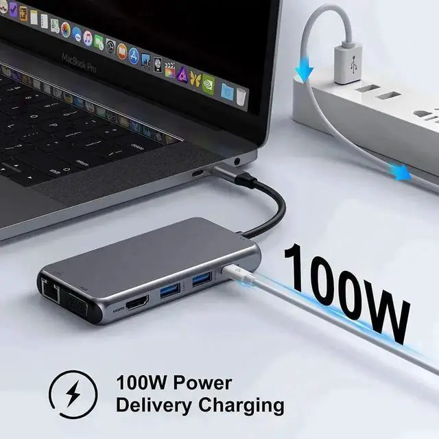 Alt view image 2 of 7 - 10 in 1 USB C Multiport Hub Adapter, USB C Dongle with 4K HDMI, VGA, Gigabit Ethernet, 100W PD Charging, 3×USB3.0, SD/TF Card Reader, 3.5mm Audio Mic Jack, Compatible with MacBook Pro/Air & All USB-C