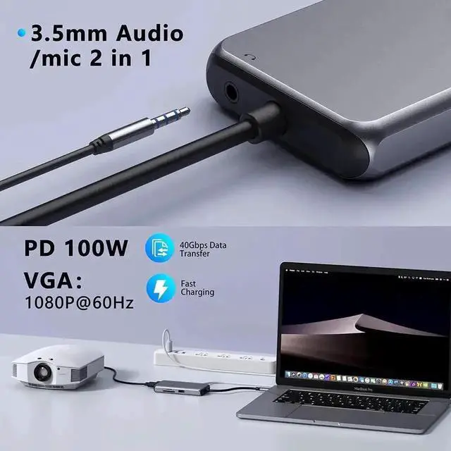 Alt view image 4 of 7 - 10 in 1 USB C Multiport Hub Adapter, USB C Dongle with 4K HDMI, VGA, Gigabit Ethernet, 100W PD Charging, 3×USB3.0, SD/TF Card Reader, 3.5mm Audio Mic Jack, Compatible with MacBook Pro/Air & All USB-C