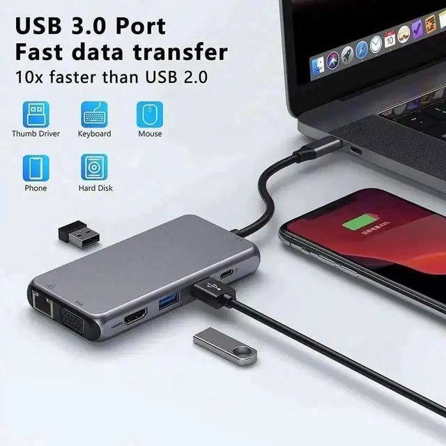 Alt view image 6 of 7 - 10 in 1 USB C Multiport Hub Adapter, USB C Dongle with 4K HDMI, VGA, Gigabit Ethernet, 100W PD Charging, 3×USB3.0, SD/TF Card Reader, 3.5mm Audio Mic Jack, Compatible with MacBook Pro/Air & All USB-C