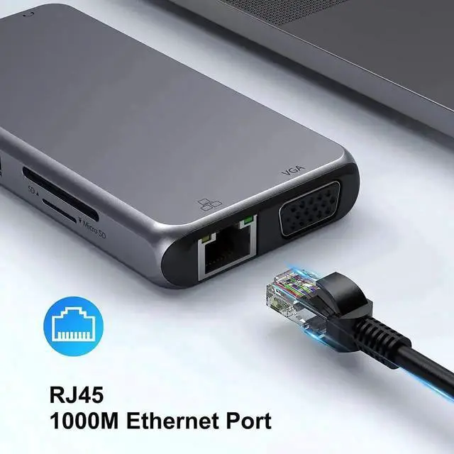 Alt view image 5 of 7 - 10 in 1 USB C Multiport Hub Adapter, USB C Dongle with 4K HDMI, VGA, Gigabit Ethernet, 100W PD Charging, 3×USB3.0, SD/TF Card Reader, 3.5mm Audio Mic Jack, Compatible with MacBook Pro/Air & All USB-C