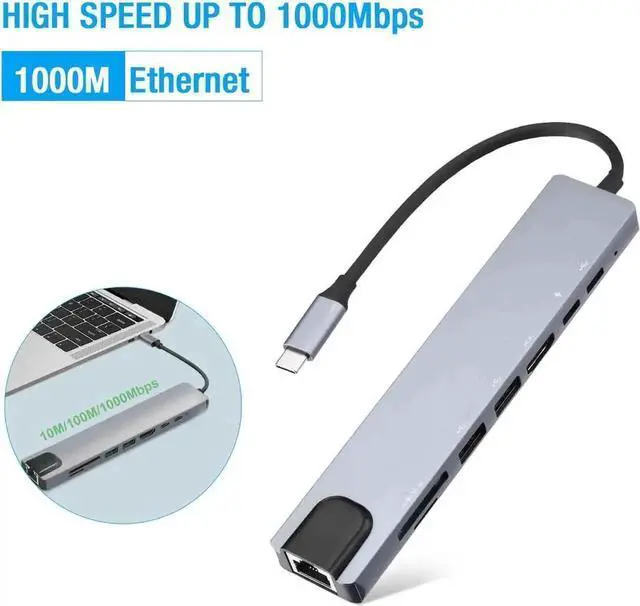 Alt view image 2 of 7 - WRIARICH Gray 8 in 1 Multiport USB C Hub, USB 3.0 Multiport Adapter with USB-C PD, HDMI, SD & TF Card Reader, Portable USB-C Cable Docking Station Compatible with MacBook, All USB-C Laptops & Tablets