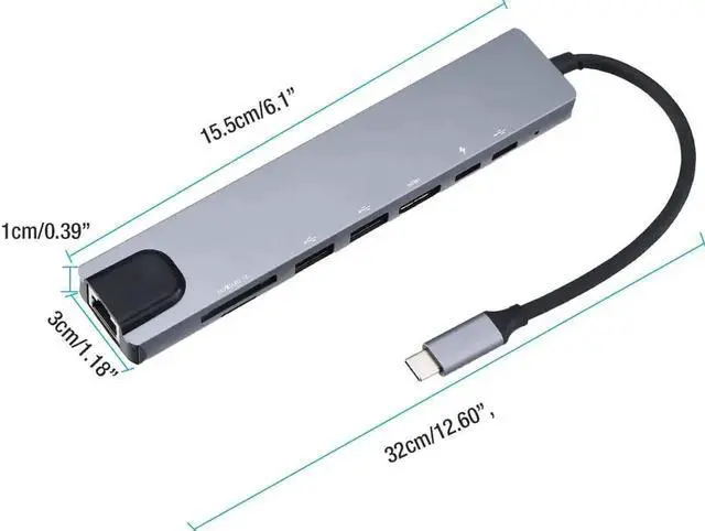 Alt view image 4 of 7 - WRIARICH Gray 8 in 1 Multiport USB C Hub, USB 3.0 Multiport Adapter with USB-C PD, HDMI, SD & TF Card Reader, Portable USB-C Cable Docking Station Compatible with MacBook, All USB-C Laptops & Tablets