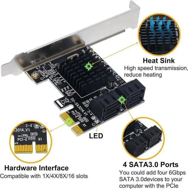 Alt view image 6 of 7 - WRIARICH 4 Ports PCIe X1 SATA 3.0 Expansion Card with 4 SATA Cables, 6Gbps Non-RAID SATA Controller Card, Low Profile Bracket, Supports Bootable System Disk