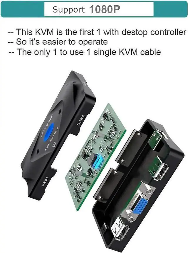 Alt view image 2 of 7 - WRIARICH MT-VIKI 2 Port VGA KVM Switch, VGA KVM Console with 3 USB Hub, 2 Pack 2-in-1 VGA USB Cables & Desktop Wired Selector, Share Monitor Keyboard Mouse for 2 Computers