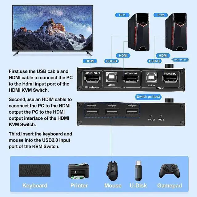Alt view image 2 of 7 - WRIARICH 2-Port HDMI USB2.0 KVM Switch 2-in-1 Out, 4K@60Hz Metal KVM Switcher with Button & Hotkey Switch, 2 USB Cables Included for Sharing 1 Monitor Keyboard Mouse Between 2 PCs