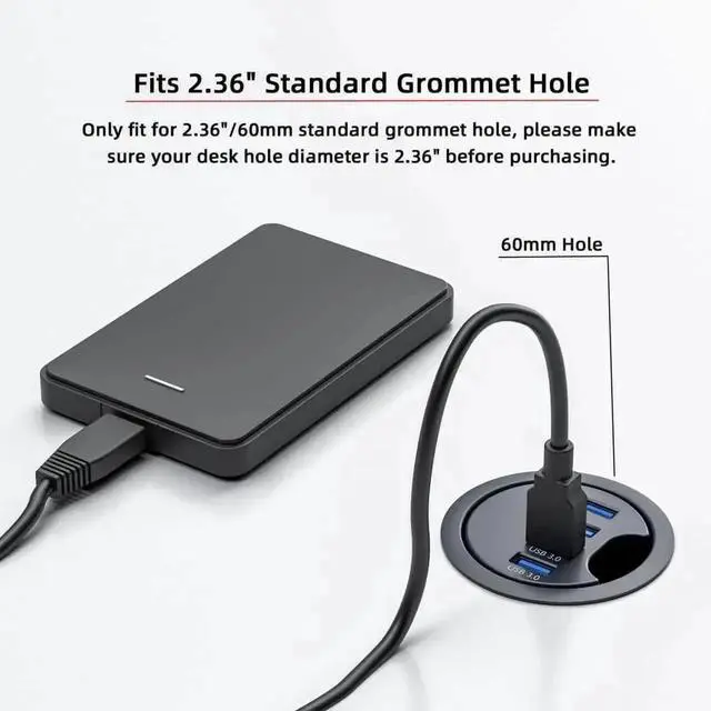 Alt view image 3 of 7 - WRIARICH 60mm Desk Grommet Flush Mount 4-Port USB 3.0 Hub Splitter, 5Gbps High Speed Expansion Dock Station for Office Desktop PC Cable Hole Installation