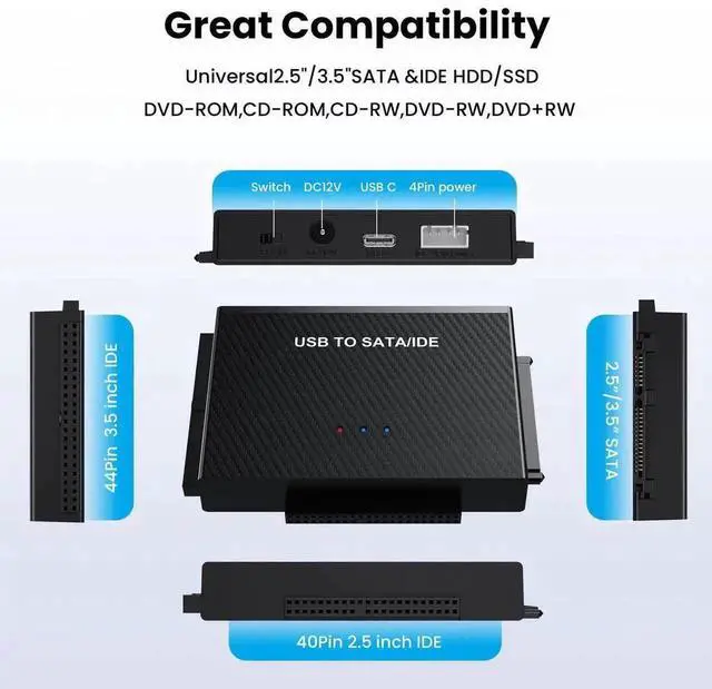 Alt view image 7 of 7 - WRIARICH USB 3.0 & USB-C to SATA IDE Hard Drive Reader Adapter Kit, Universal Converter for 2.5/3.5" IDE HDD & 2.5" SATA SSD, Equipped with 12V 2A Power Supply Adapter