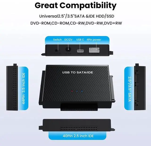 Alt view image 3 of 7 - WRIARICH USB 3.0 & Type-C to SATA IDE Hard Drive Reader Adapter Kit, Supports 2.5"/3.5" IDE HDD & 2.5" SATA SSD, Equipped with 12V/2A Power Adapter